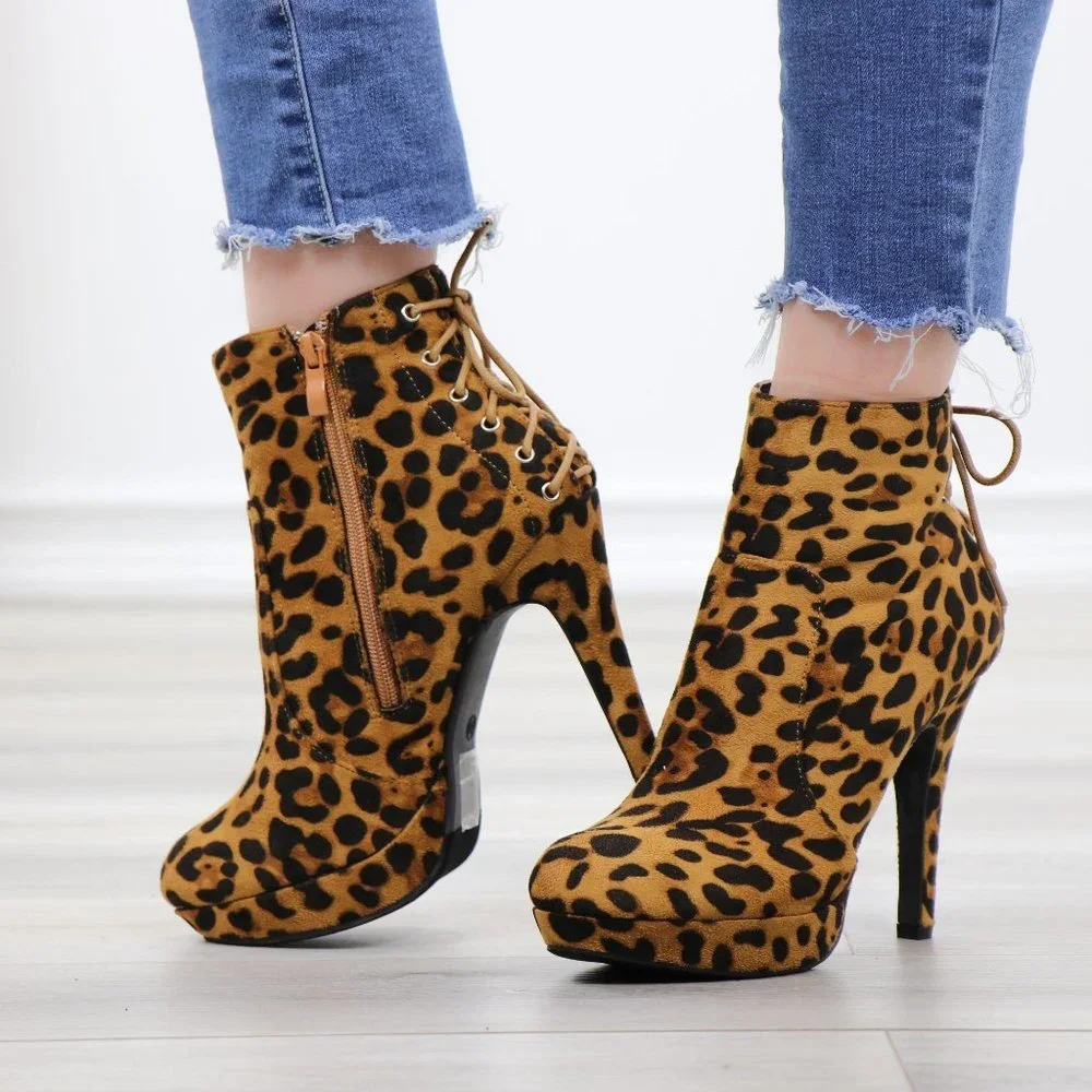 Leopard Back Lace Suede Heeled Ankle platform Booties - Picture 12 of 12